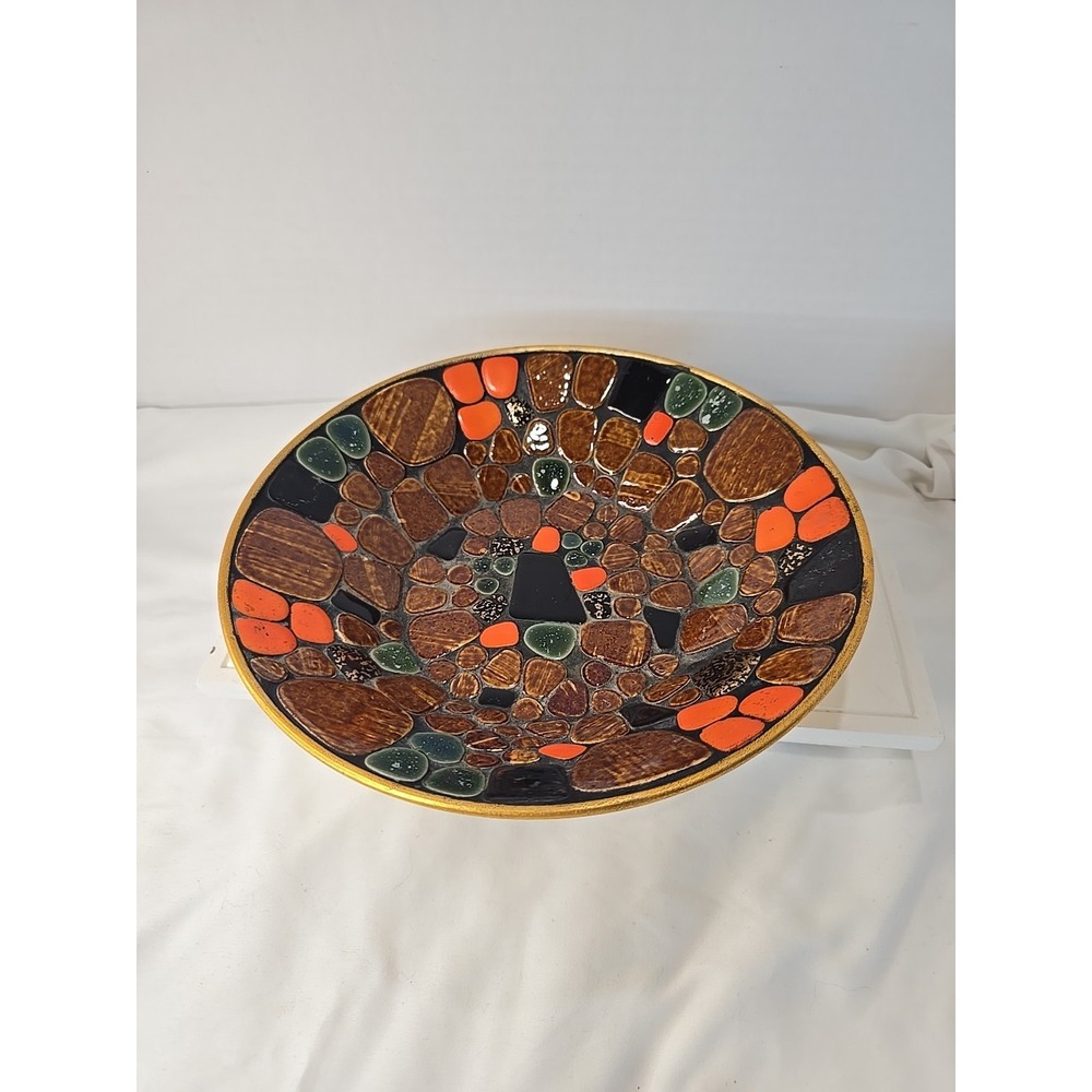 Vtg 1950's MCM 10"‎ Aluminum & Mosaic Tiles Stones Pebble Large Bowl JAPAN